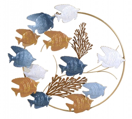 Quadro Pesci Metallo Azzurro Oro 80x5,7 H 78,1 Decorazioni Estate Mare