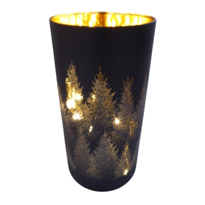 Cilindro Vetro Nero Oro H. 14 Led Decorazione Addobbi Natale