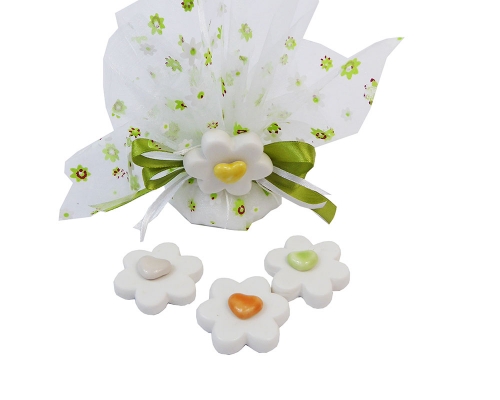 Bomboniera Battesimo Nascita Comunione Sacchetto Organza Trasparente Fiore Resina Colorato
