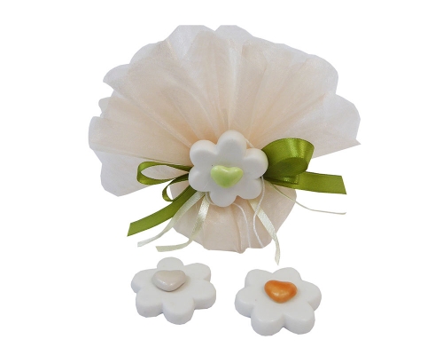 Bomboniera Battesimo Nascita Comunione Sacchetto Organza Fiore Resina Colorato
