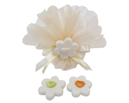 Bomboniera Battesimo Nascita Comunione Sacchetto Organza Fiore Resina Colorato