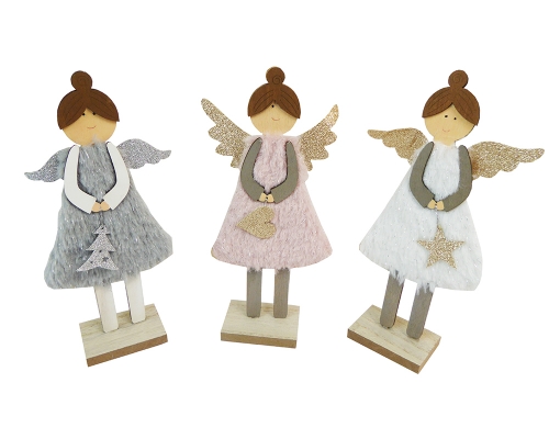 Angelo Legno Pelliccia Cm 22 Pz 3 Decorazioni Addobbi Natale