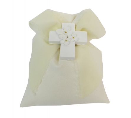 Bomboniere Matrimonio Sacchetto Cotone Bianco Applicazione Croce Fiori Glitter