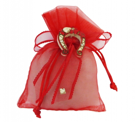 Bomboniera Sacchetto In Organza Rossa Nastro Merlettato Rosso E Ferro Di Cavallo Decorato
