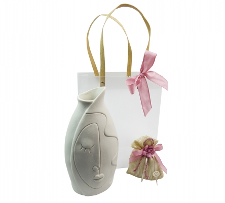 Set Bomboniere Testimoni Anniversario Alto Vaso Viso Femminile Confezione Sacchetto