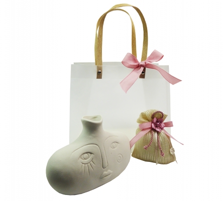 Set Bomboniere Testimoni Anniversario Vaso Basso Viso Femminile Confezione Sacchetto
