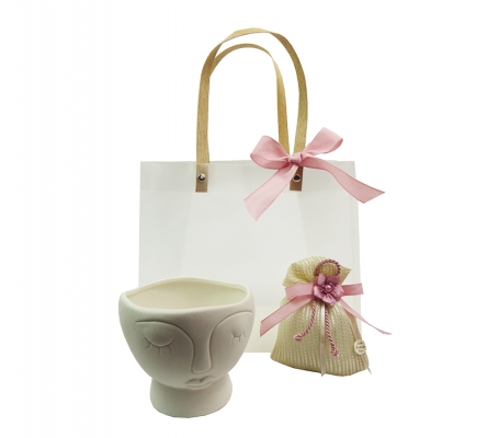 Set Bomboniere Testimoni Anniversario Vaso Ciotola Viso Femminile Confezione Sacchetto
