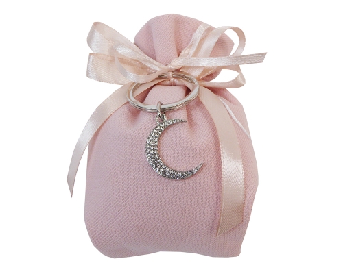 Bomboniere Battesimo Nascita Bimba Sacchetto Rosa Cotone Applicazione Luna Strass