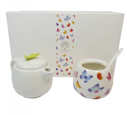 Set Farfalla Cm 13,8 Teiera Caffettiera Cucchiaino Decorazione Bomboniere Fai Da Te