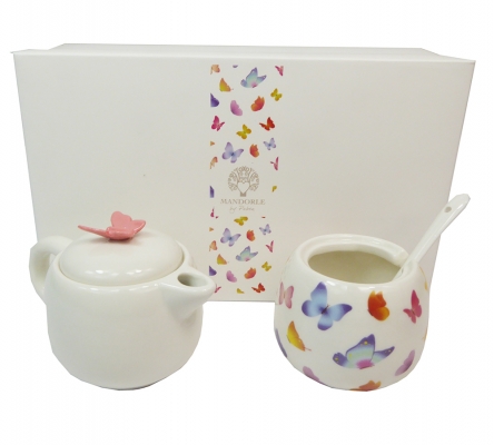 Set Farfalla Cm 13,8 Teiera Caffettiera Cucchiaino Decorazione Bomboniere Fai Da Te