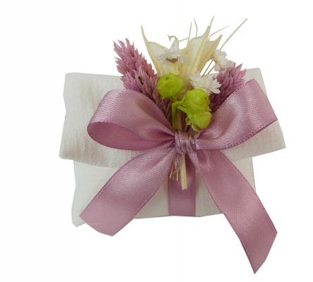 Bomboniere Sacchetto Piegato Fiorellini Essiccati Verdi Fucsia