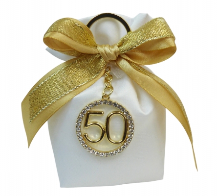 Bomboniere 50esimo Matrimonio Nozze Oro Saccotto Applicazione Portachiavi 50 Strass