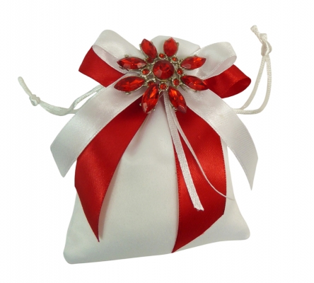 Bomboniere Matrimonio Sacchetto Raso Applicazione Fiore Strass Rosso