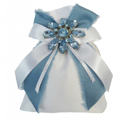 Bomboniere Matrimonio Sacchetto Raso Applicazione Fiore Strass Celeste