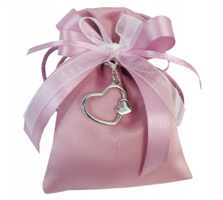 Bomboniere Matrimonio Sacchetto Raso Rosa Applicazione portachiavi Cuore