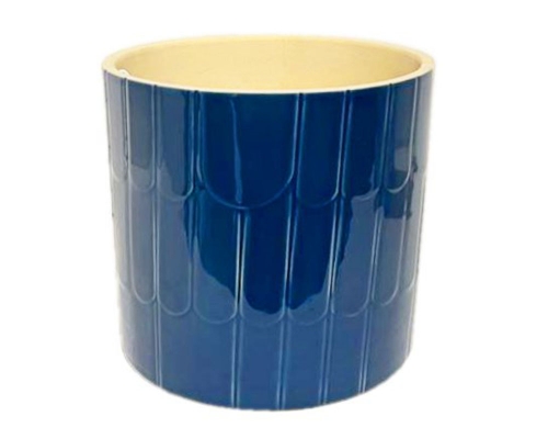 Vaso Ceramica Righe Blu D 13,5 H 12,8 Decorazione Composizione Floreale