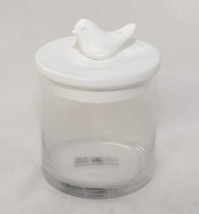 Barattolo In Vetro E Tappo In Ceramica Bianca Con Uccellino
