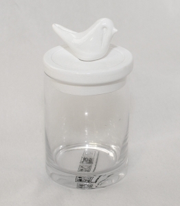 Barattolo In Vetro E Tappo In Ceramica Bianca Con Uccellino 9x17 Cm