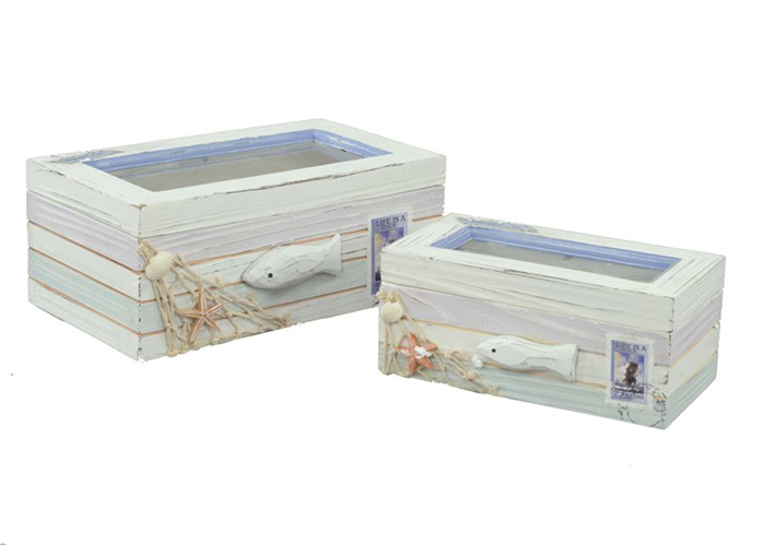 S/2 Scatola Mare In Legno E Vetro Con Rete E Pesce Arredo