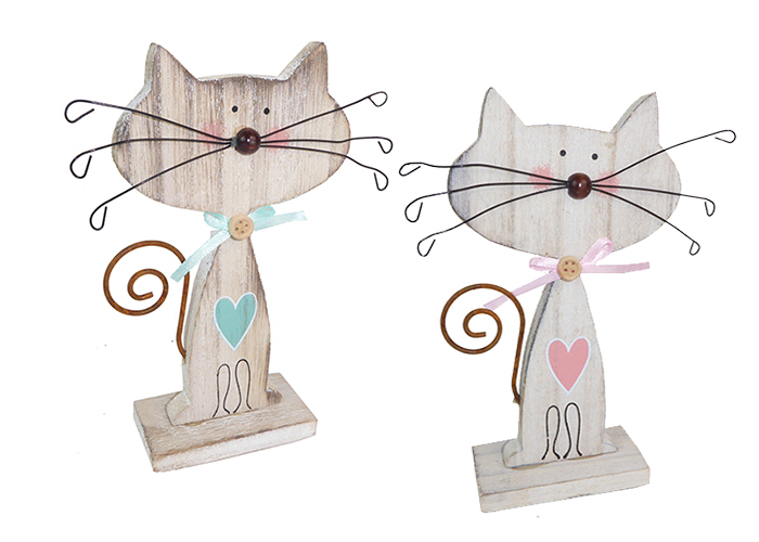 Pz 2 Gatto Legno 8x17 Cm Rosa/celeste