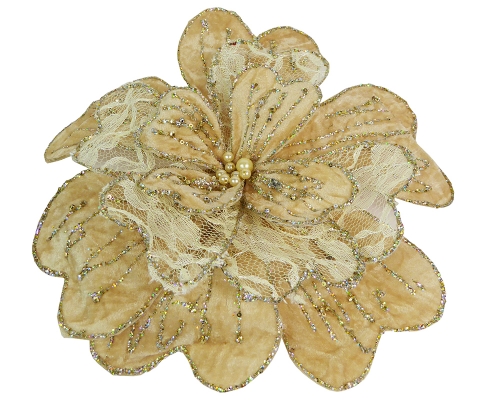 Palla Natalizia A Fiore Rete Champagne Glitter Con Clip Centrale Con Perle 35 Cm