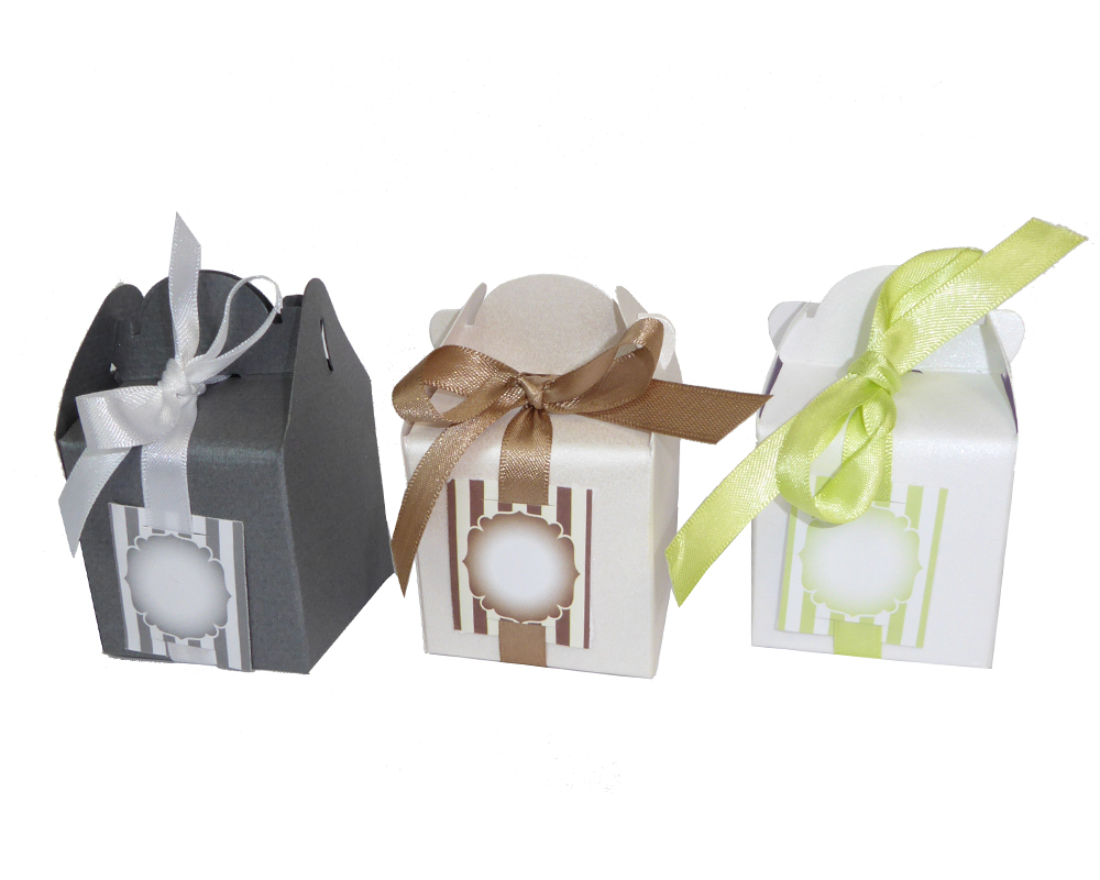 Pz 20 Astuccio Scrigno Portaconfetti 5x5x5 Cm Nastro Targhetta Bomboniera