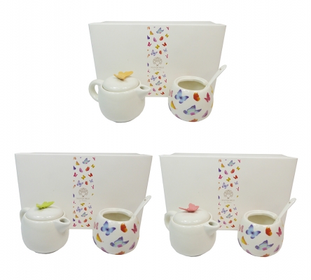 Set Farfalla Cm 13,8 Teiera Caffettiera Cucchiaino Decorazione Bomboniere Fai Da Te