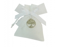 Bomboniere Matrimonio Sacchetto Cotone Pizzo Applicazione Tondo Albero Vita
