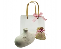 Set Bomboniere Testimoni Anniversario Vaso Basso Viso Femminile Confezione Sacchetto