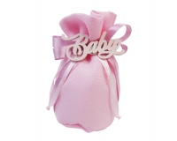 Bomboniere Battesimo Nascita Bimba Sacchetto Rosa Applicazione Legno Baby