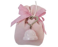 Bomboniere Battesimo Nascita Bimba Sacchetto Rosa Cotone Cuore Campanella