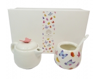 Set Farfalla Cm 13,8 Teiera Caffettiera Cucchiaino Decorazione Bomboniere Fai Da Te