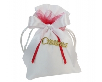 Bomboniere Sacchetto Raso Bianco Cresima Applicazione Scritta Cresima