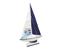 Barca Legno Bianca E Blu 18x5 H. 37 Decorazione Linea Mare