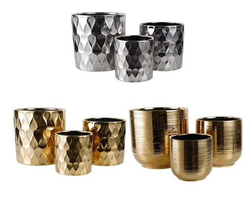Vaso Gigante Oro Argento Decorato S/3 Decorazioni Composizione Floreale