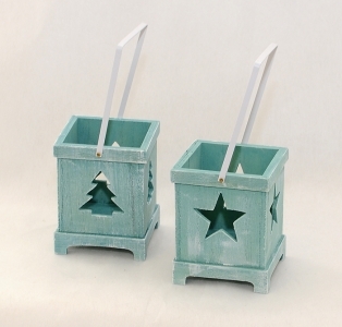Cestino Porta Candela In Legno Albero/stella Colore Tiffany 9x9x11 Cm