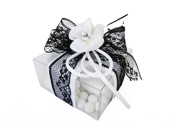Bomboniera Scatola PVC B/W Con Roselline In Cotone Wedding