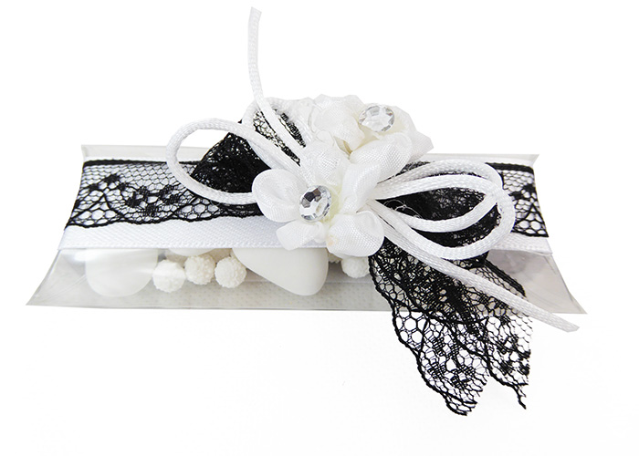 Bomboniera Astuccio PVC B/W Nastro Pizzo E Fiori Strass Wedding