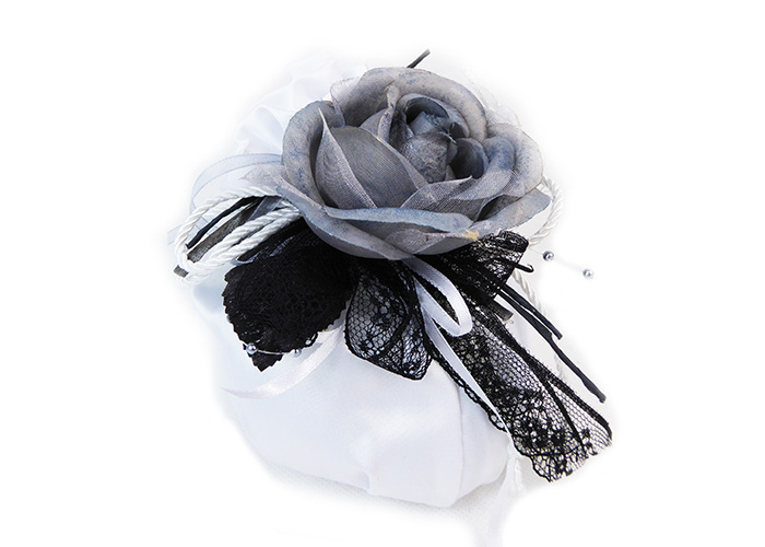 Bomboniera Saccoccio Raso Nastro Pizzo Nero Pick Rosa Grigia Wedding
