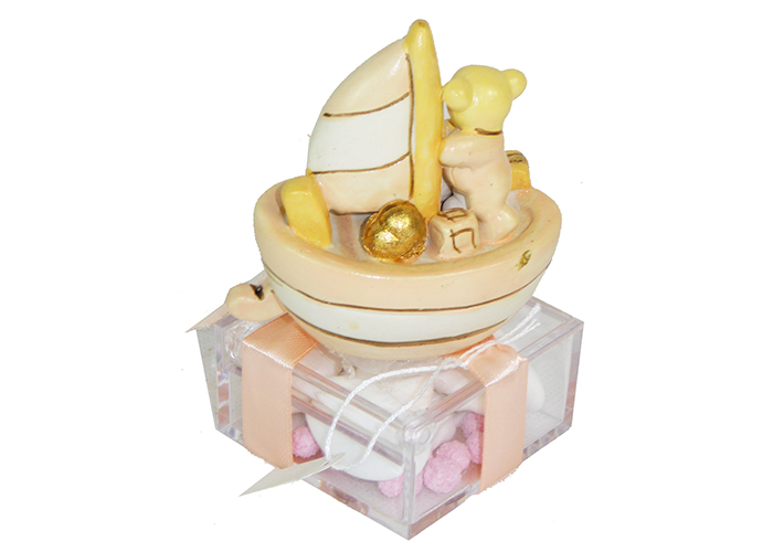 Bomboniera Scatola Plexiglass Con Barca Orsetto Rosa