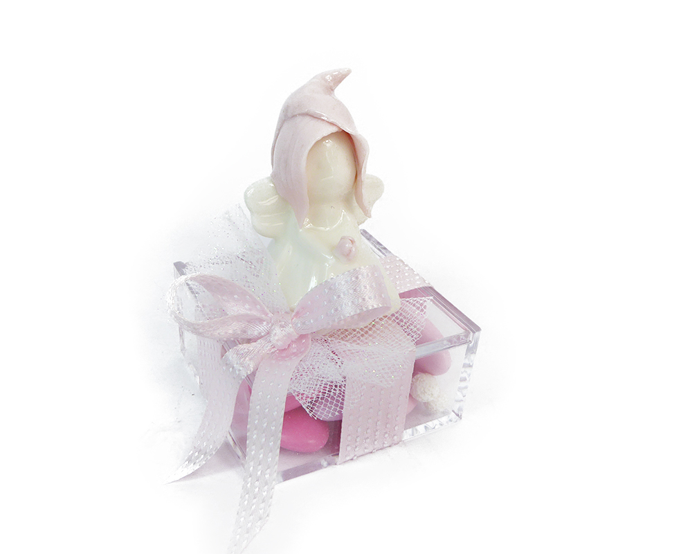 Bomboniera Scatola Plexiglass Con Angelo Rosa In Ceramica 6x6x8 Cm