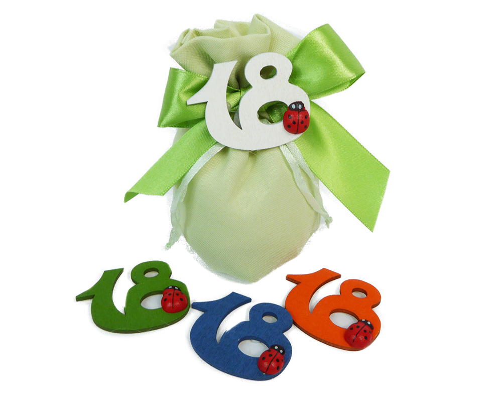 Bomboniere Sacchetto Verde Diciottesimo Numero Legno Con Coccinella 7x10 Cm